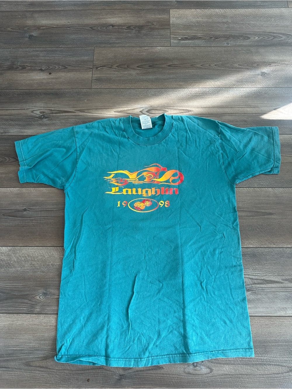 1998 Laughlin Biker Spring Run Flaming Dice And Bull T-Shirt Sz L Teal Men’s